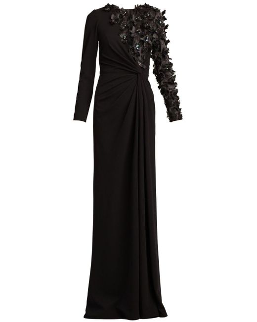 Tadashi Shoji Black Floral-appliqué Ruched Gown