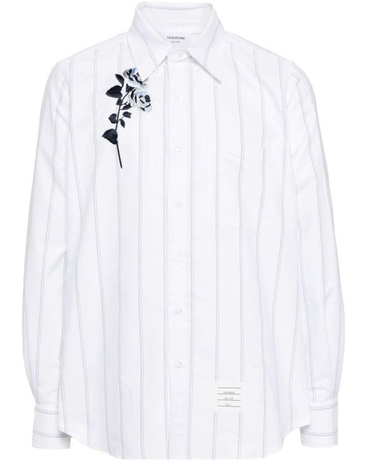 Thom Browne White Floral-embroidered Poplin Shirt for men