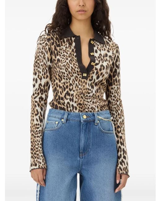 Ganni Brown Leopard Print Long Sleeve Top