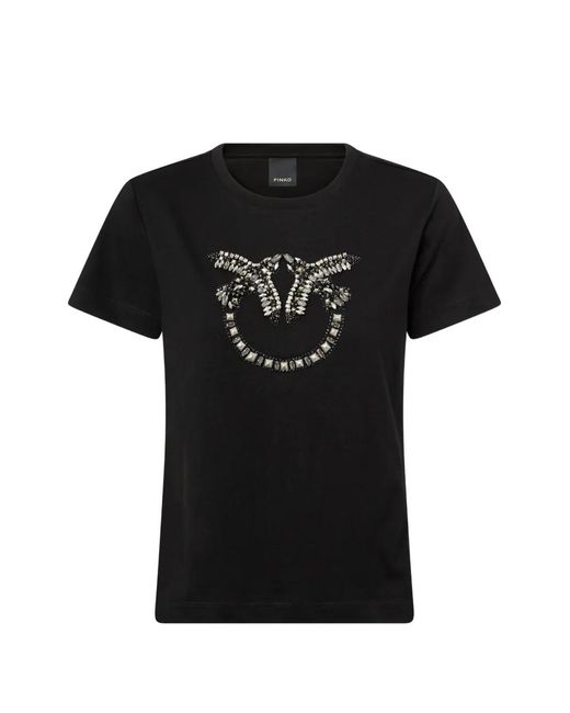 Pinko Black T-Shirt With Love Birds Jewel Maxi Embroidery