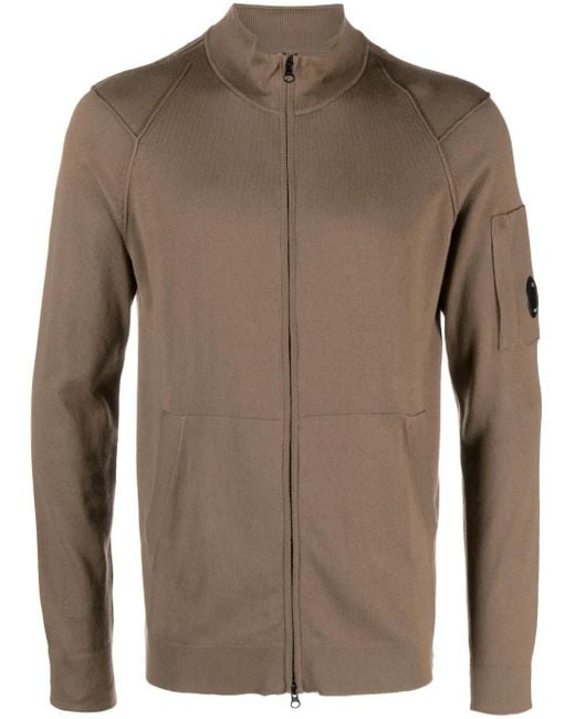 C P Company Brown Lens-Detail Zipped Cotton Cardigan for men