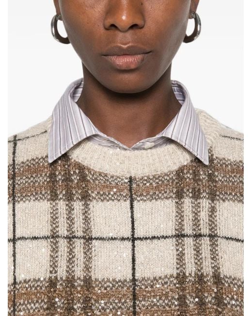 Brunello Cucinelli White Sequin-Embellished Checked Sweater