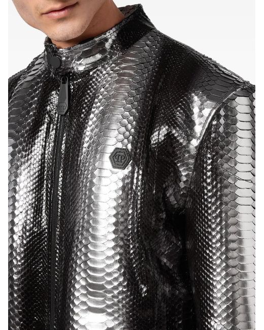 Philipp Plein Black Python-Skin Biker Jacket for men