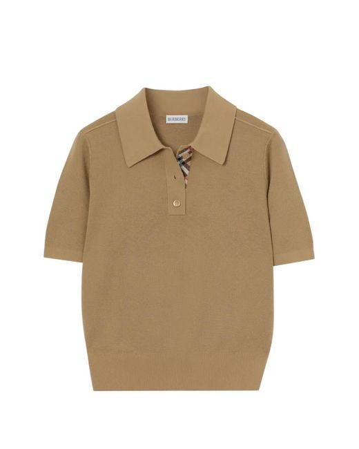 Burberry Natural Wool Knit Polo Top With Mother-Of-Pearl Buttons