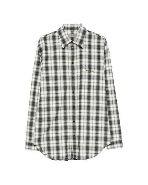 Balenciaga White Check-Pattern Logo-Embroidered Shirt for men