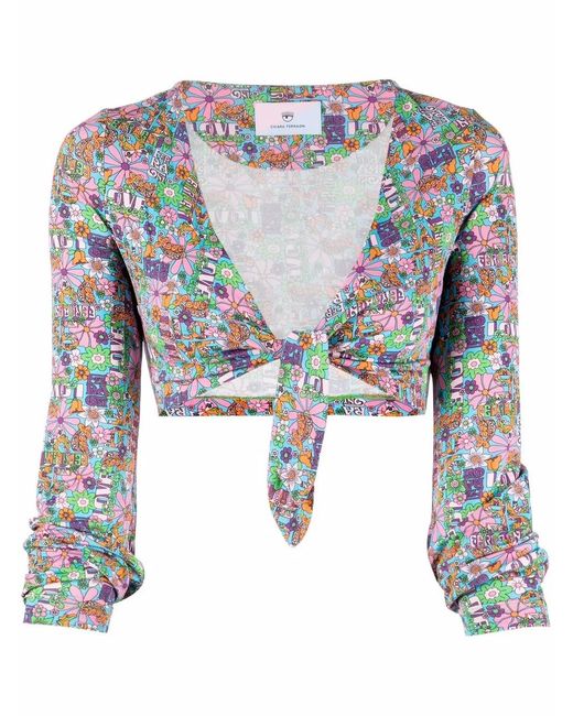 Chiara Ferragni Blue Floral-print Cropped Wrap Top