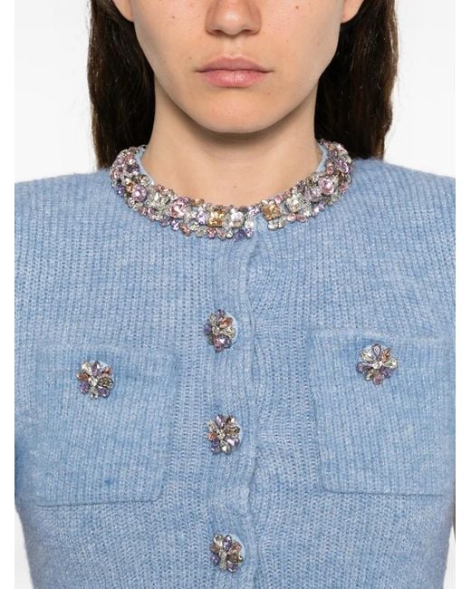 Self-Portrait Blue Draped Rhinestone Mesh Midi Dress