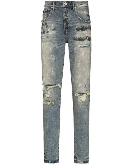 Purple Brand Blue Distressed Ripped Slim-fit Jeans for men