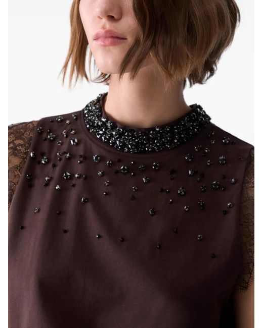 Liu Jo Brown Lace-Trim Rhinestone-Embellished T-Shirt