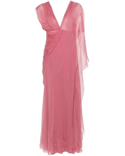 Alberta Ferretti Asymmetric Silk Maxi Dress in het Pink