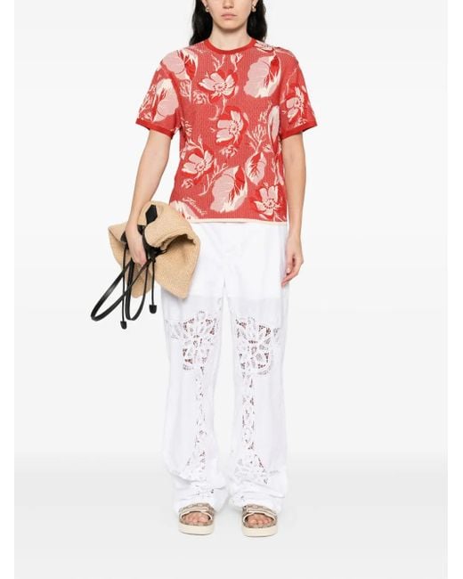 Fendi Red Floral-Pattern Short-Sleeved T-Shirt