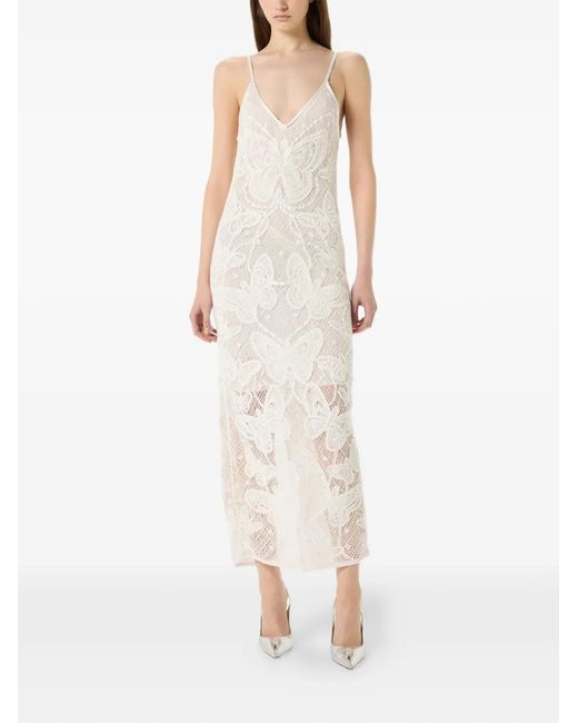 Blumarine White Butterfly-Motif V-Neck Maxi Dress