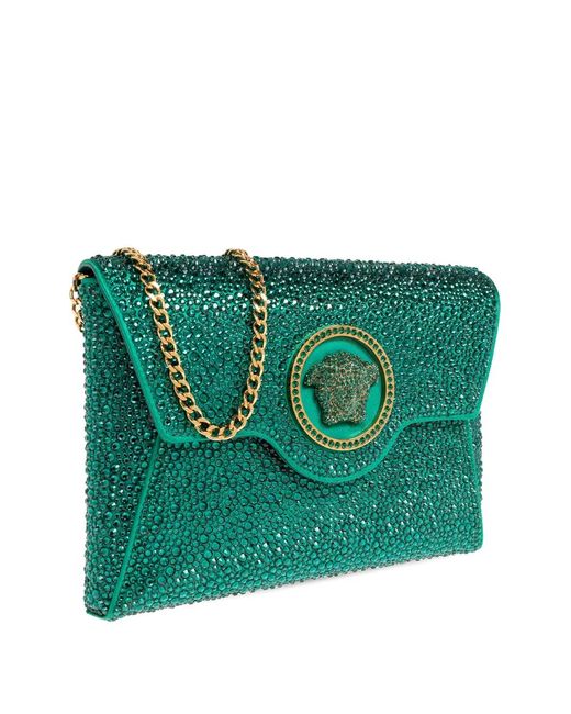 Versace Green La Medusa Embellished Satin Clutch