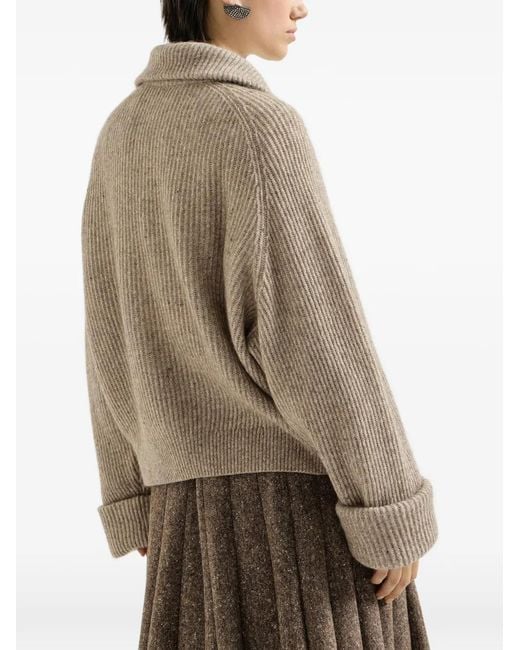 Brunello Cucinelli Natural Sparkling Cashmere, Mohair And Wool Ribbed Cardigan With Shiny Zipper Pull