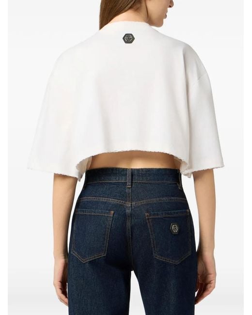 Philipp Plein White Embellished Cropped T-Shirt