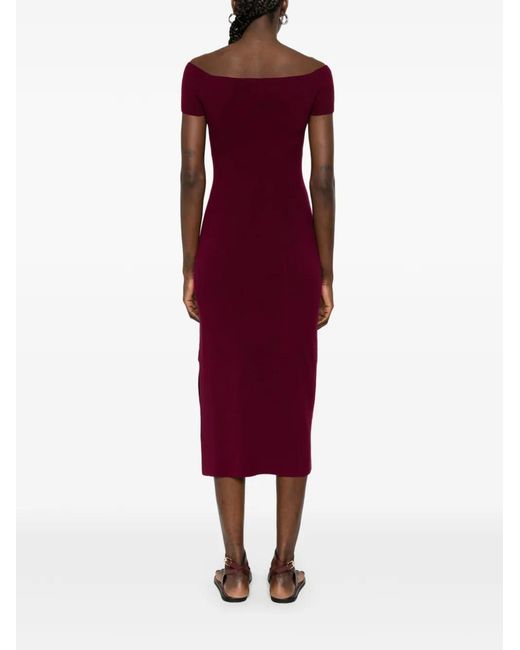 Bompard Purple Bardot Flared Knitted Midi Dress