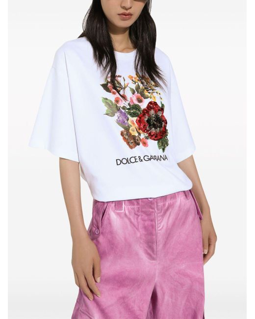 T-shirt en coton mélangé à fleurs Dolce & Gabbana en coloris White