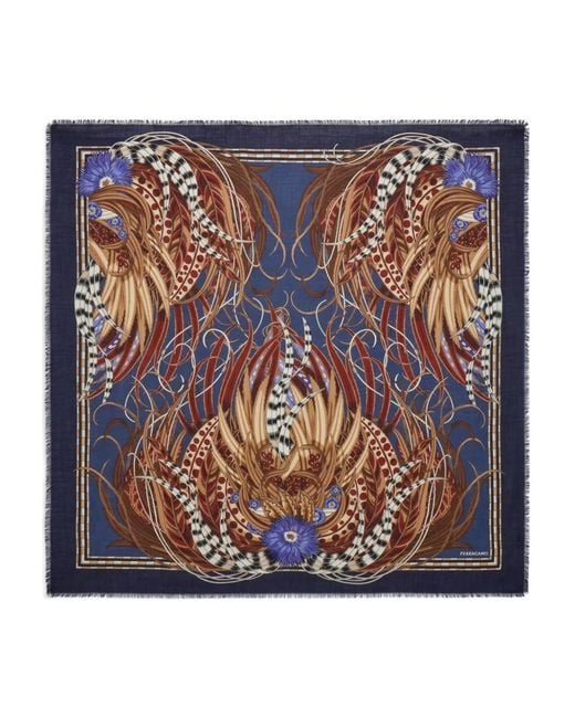 Ferragamo Blue Rooster-Print Scarf