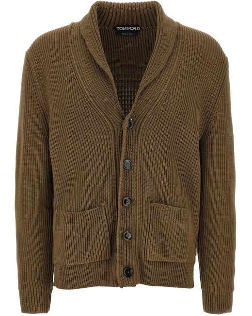Tom Ford Green Ribbed-Knit Wool And Silk Cardigan for men