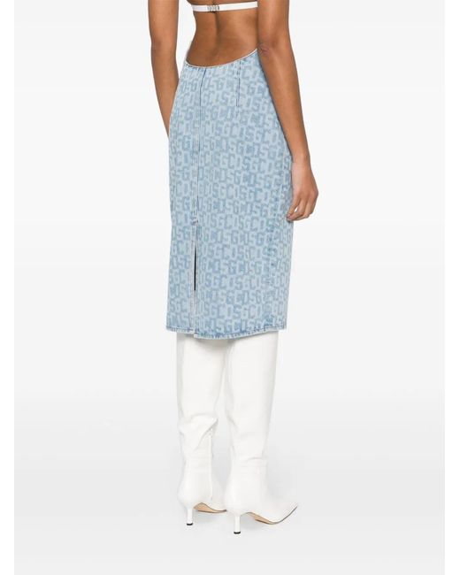 Gcds Blue Monogram-Pattern Denim Pencil Skirt