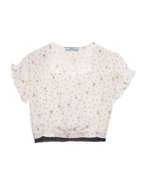 Prada White Kurzärmliges Crop-Top Aus Pongé Mit Blumen-Print
