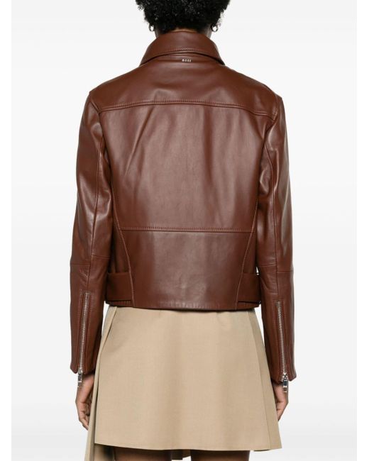 Boss Brown Double-breasted Leather Biker Jacket