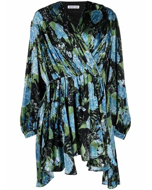 Balenciaga Green Floral-Print Wrap Dress