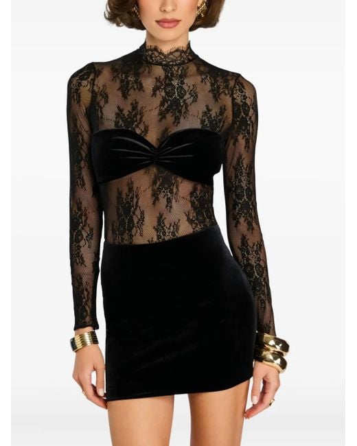retroféte Brigette Fluwelen Mini-Jurk Met Kant in het Black