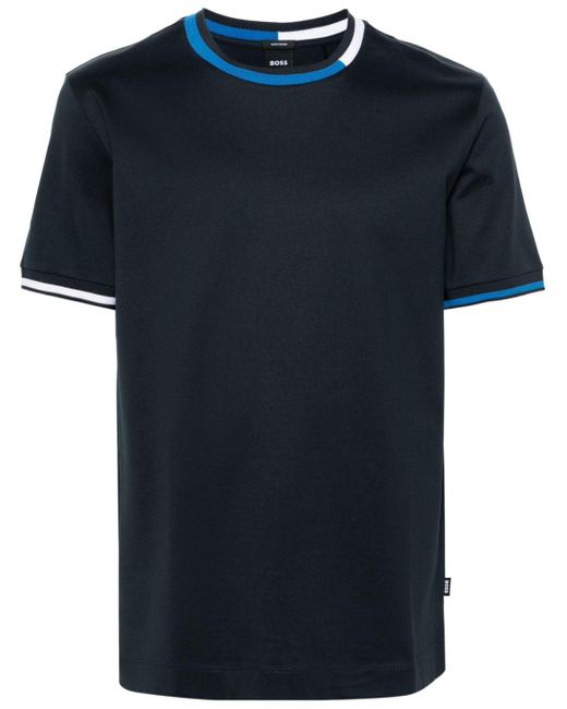 Boss Blue Stripe-trim Cotton T-shirt for men