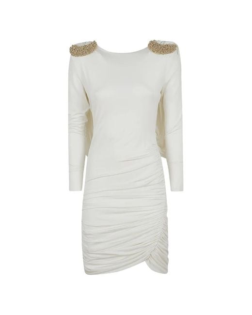 Amen White Bead-Embellished Ruched Mini Dress