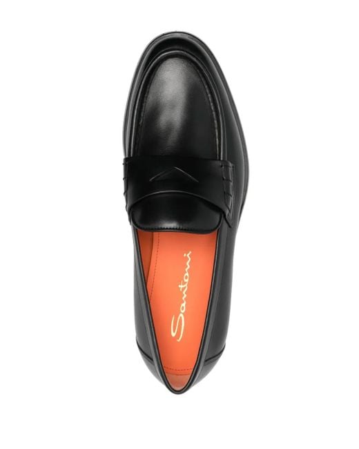 Santoni Black Flat Leather Loafers