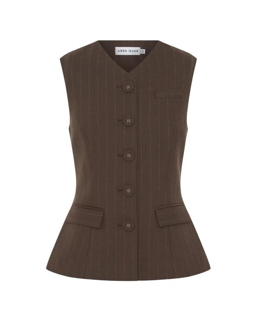 Anna Quan Brown Kendall Pinstripe-Pattern Peplum Top