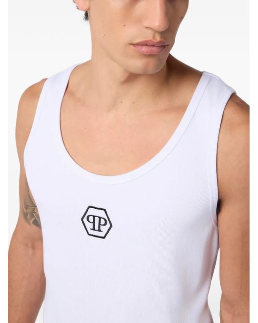 Philipp Plein White Logo-Embroidered Cotton Tank Top for men