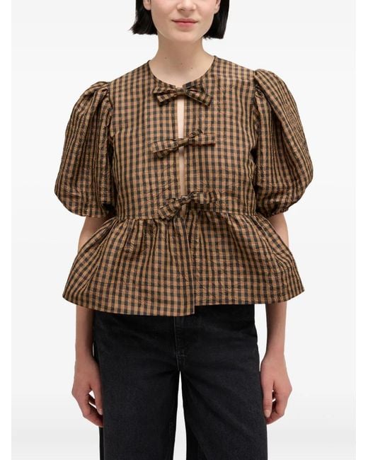 Ganni Brown Crinkled Check Blouse