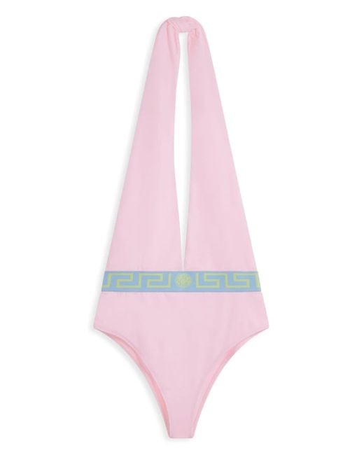 Versace Pink Greca Neckholder-Badeanzug