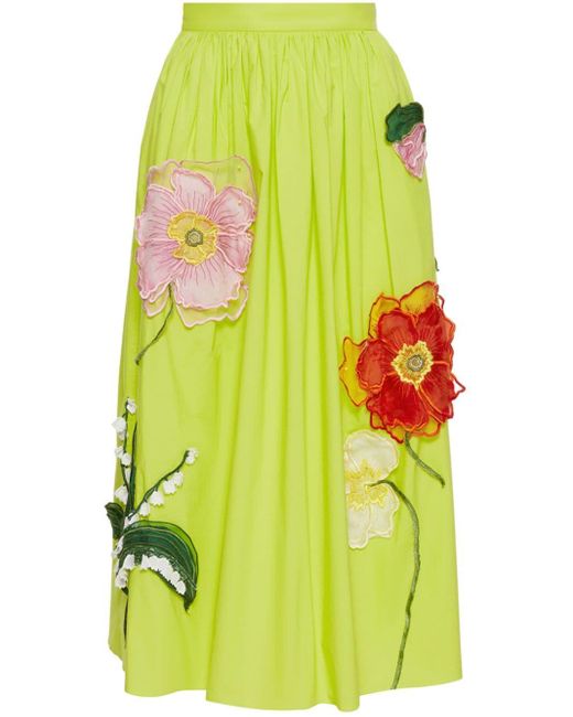 Oscar de la Renta Green Floral-appliqué Cotton Midi Skirt