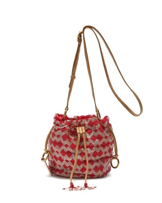 Maliparmi Red Bead-Embellished Geometric-Pattern Bucket Bag
