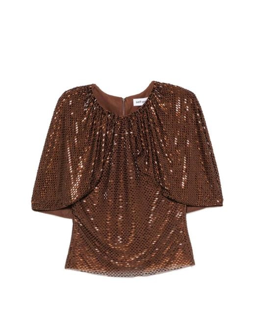 Self-Portrait Brown Sequin-Embellished Gathered Top