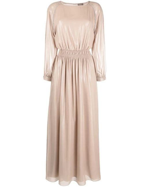 Peserico Natural Satin-Finish Rhinestone-Embellished Long Dress