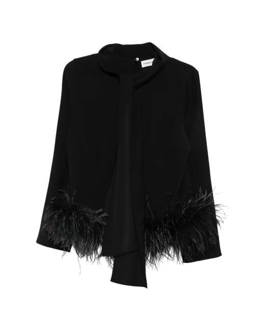 P.A.R.O.S.H. Black Feather-Trim Pussy-Bow Blouse