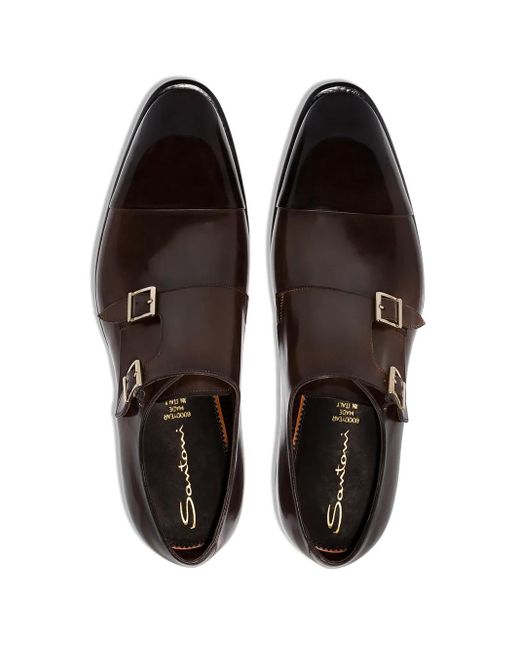 Santoni Brown Double Strap Leather Monk Shoes for men