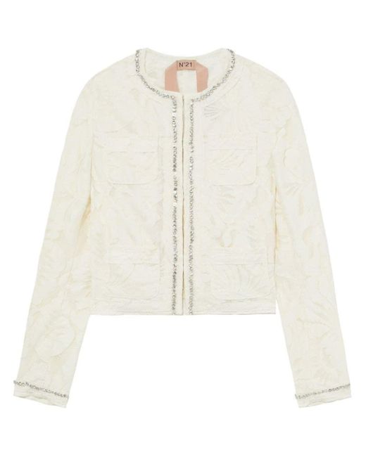 N°21 White Crystal-embellished Guipure Lace Jacket
