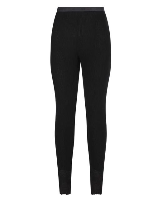 Valentino Garavani Black Ribbed Lace-Detailed Leggings
