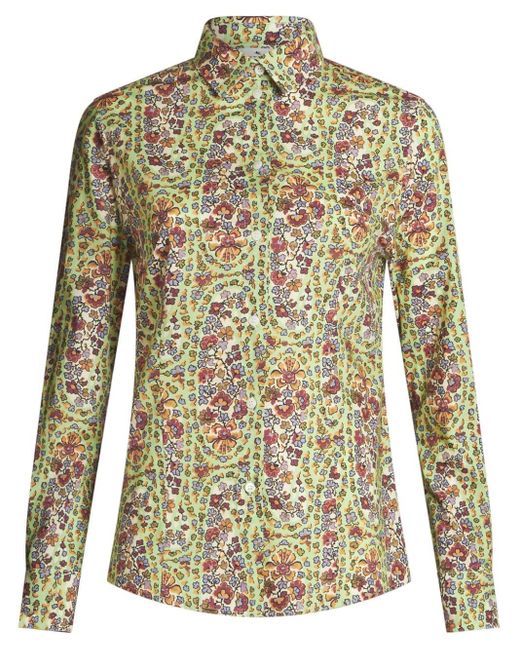 Etro Green Floral-Print Cotton Shirt