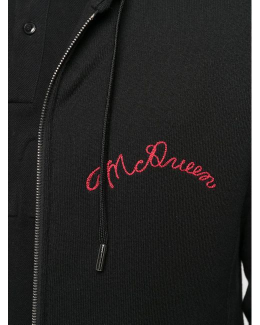 McQueen Black Embroidered Logo Zip-Up Hoodie for men