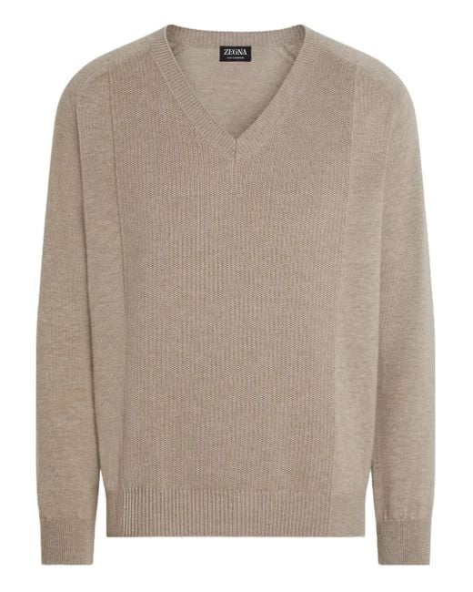 Zegna Oasi Geribbelde Kasjmier Trui Met V-Hals in het Brown voor heren