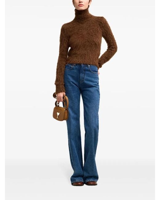 AMI Brown Brushed-Effect Roll-Neck Jumper