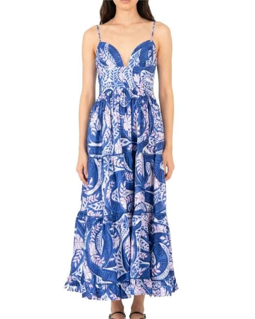 Poupette Blue Milena Tiered Leaf-Print Dress