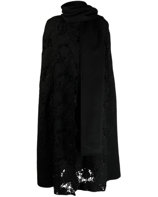 Elie Saab Black Floral-embroidered Virgin-wool Cape