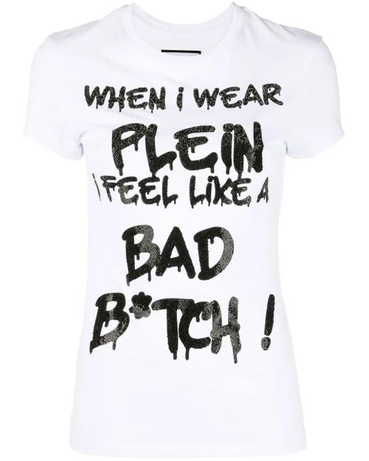 Philipp Plein White Sexy Pure Rhinestone-Embellished T-Shirt